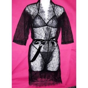 ChantillyBlack Lace 3 Piece Short Robe Set M
